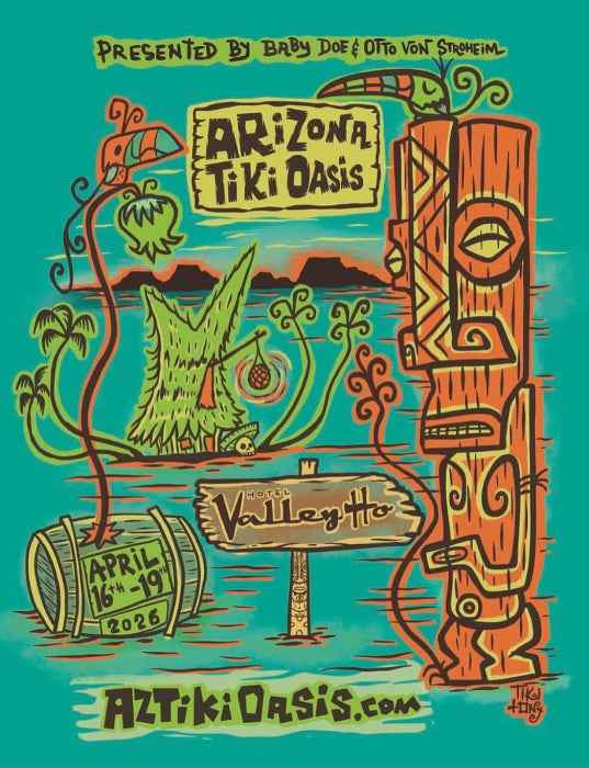 Promotional poster for Arizona Tiki Oasis event featuring a tiki bar and desert landscape.