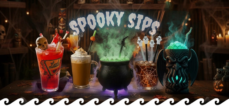 Surfside Sips Spooky Sips collection featuring five Halloween-themed reusable Glass Straws, including Bloody Bones, Ghosts, Witches Hat, Pumpkin, and Strawthulu!