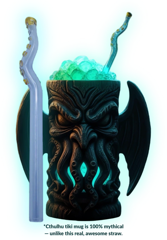 A dark, mythical Cthulhu tiki mug filled with ice, glowing with a mysterious turquoise light. A clear, curved glass straws with golden accents — known as “Strawthulu” — are placed inside. Text at the bottom reads, “Cthulhu tiki mug is 100% mythical — unlike this real, awesome straw.”
