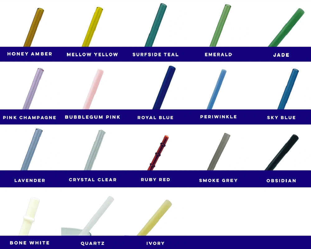Surfside Sips glass straw color chart displaying 18 unique color options: Honey Amber, Mellow Yellow, Surfside Teal, Emerald, Jade, Pink Champagne, Bubblegum Pink, Royal Blue, Periwinkle, Sky Blue, Lavender, Crystal Clear, Ruby Red, Smoke Grey, Obsidian, Bone White, Quartz, and Ivory. Perfect for customizing eco-friendly, reusable glass straws to match cocktails, tiki drinks, and bar setups.