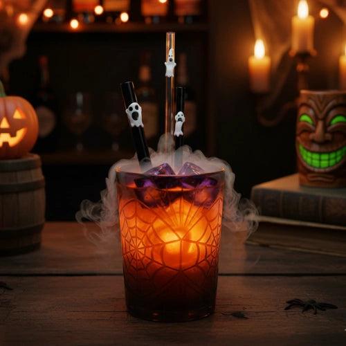 Surfside Sips glass "Ghost Sip" straw with ghost designs in a glowing orange cocktail with fog effect, Halloween-themed tiki bar setting.