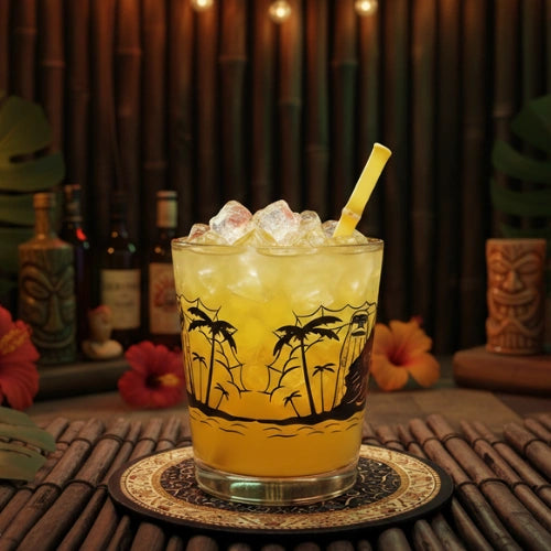 Surfside Sips glass straw designed to look like real bamboo in a tropical tiki cocktail glass with ice.