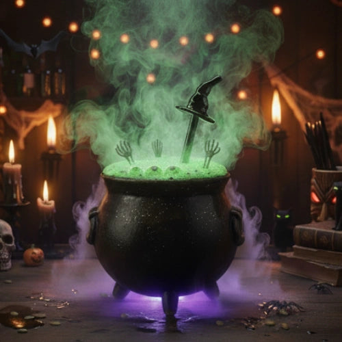 Surfside Sips glass "Witchy Sip" straw in a bubbling green witch’s cauldron cocktail with fog and creepy hands reaching out, perfect spooky centerpiece.
