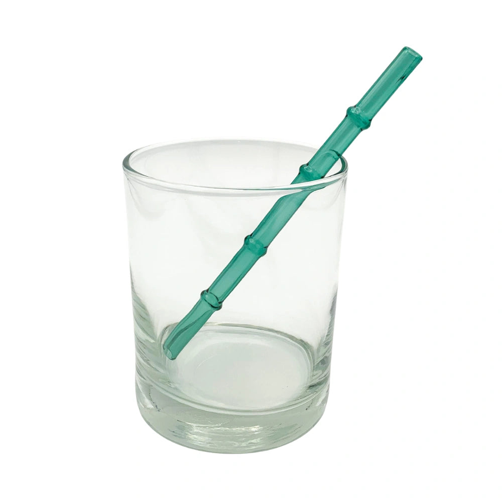 Surfside Sips "Surfside Teal" bamboo-style glass straw, perfect for tropical drinks and sustainable sipping.