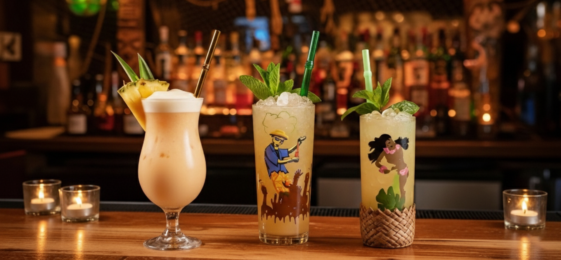 Three tropical cocktails served on a bar with Surfside Sips reusable glass straws. The drinks are garnished with pineapple, mint, and citrus, set against a warm tiki bar backdrop with glowing candles, creating a cozy and inviting atmosphere.